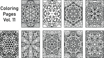 Set of 9 Mandala Coloring Book Pages Bundle, Black and white mandala coloring pages set