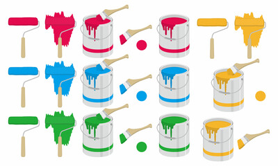 ペンキ缶と刷毛、ペイントローラー（ペンキローラー、塗装ローラー）のベクターイラスト素材のセット