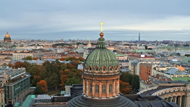 Panorama of the St.Petersburg. Drone view of Kazan cathedral dome.