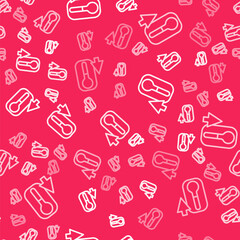 White line Meteorology thermometer measuring heat and cold icon isolated seamless pattern on red background. Thermometer equipment showing hot or cold weather. Vector