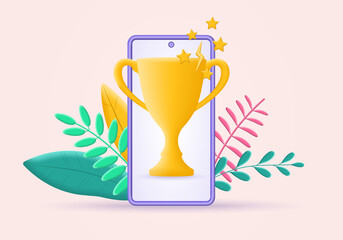 3d Trophy cup on the mobile phone screen. Award, winner prize, reward icon. Vector illustration.