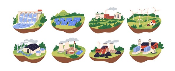 Power plants set. Electric energy factories buildings for electricity productions. Coal, nuclear, gas, hydro industries, stations. Flat graphic vector illustrations isolated on white background