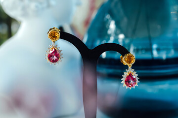 Earrings made of citrine with pink topaz on . Natural gemstone jewelry.