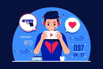 a boy was addicted on mobile gaming illustration © ayunannas