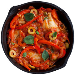 Pan with baked tilapia fish with vegetables.
