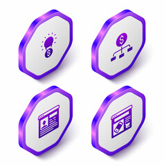 Set Isometric Light bulb with dollar, Hierarchy, Resume and Online shopping on screen icon. Purple hexagon button. Vector