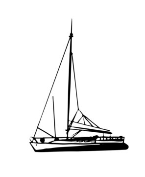 drawing, picture slender beautiful sailing yacht, sketch, hand drawn isolated on white vector illustration