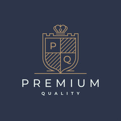 Premium quality shield emblem line icon. Elegant finest royal brand logo. Authentic luxury product badge stamp. Vector illustration.