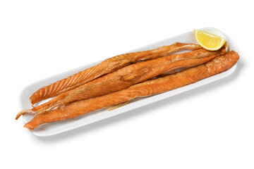 Smoked salmon bellies on a plate close up isolated on white background