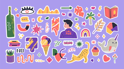 Naklejka premium Set of various trendy stickers planner. Colorful elements and lettering for daily planner or diaries. Cute weekly images, motivation quotes. Hand drawn vector illustration in flat cartoon style.