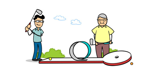 Junger und alter Mann spielen zusammen Minigolf