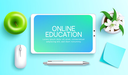 Virtual learning vector concept design. Online education text in tablet phone device with mouse, ball pen and  sticky notes element for  home school study. Vector illustration.
