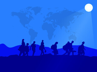 Naklejka na ściany i meble Vector illustration of Refugee concept design, It can use for Banners, Posters, Web, Digital, etc. Due to war, climate change, and global political issues, the refugee problem is gaining momentum.
