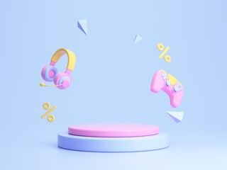 Colorful empty podium with headphones, gamepad and decor elements. 3d rendering illustration.