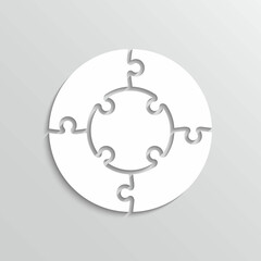 Jigsaw outline grid in circle shape. Scheme of thinking game. Puzzle pieces. Modern background with 5 mosaic details. Simple frame tiles. Cutting template. Vector illustration.