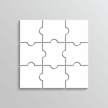 Puzzle game with 9pieces. Jigsaw outline grid. Simple mosaic layout. Thinking game with separate shapes. Modern puzzle background. Laser cut frame. Vector illustration.