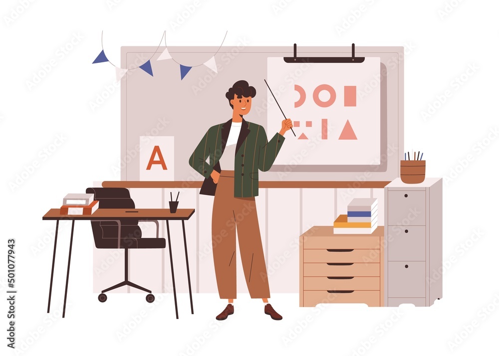 Poster Primary school teacher standing at blackboard in classroom, conducting lesson. Pedagogue showing at class whiteboard with pointer, explaining. Flat vector illustration isolated on white background