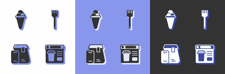 Set Online ordering food, Ice cream waffle, and Fork icon. Vector
