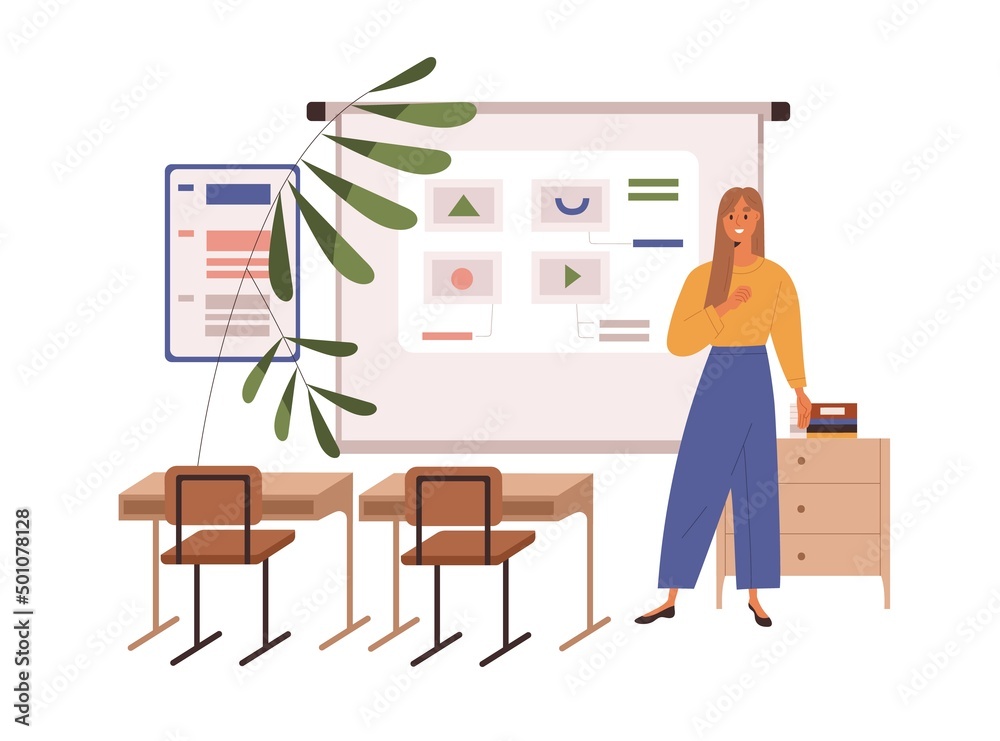 Aufkleber School teacher standing in empty classroom, preparing to conduct lesson, teach. Educator at whiteboard with presentation in class. Woman lecturer. Flat vector illustration isolated on white background