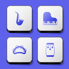 Set Saxophone, Grand piano, Tambourine and Conga drums icon. White square button. Vector