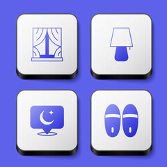 Set Window with curtains, Table lamp, Moon and stars and Slippers icon. White square button. Vector