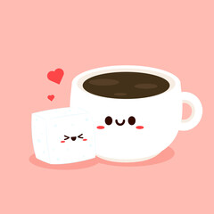 Coffee cup and Sugar cube character design. cartoon vector.