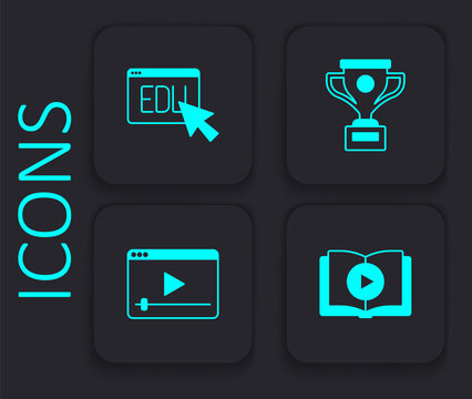 Set Audio book, Online education, Award cup and play video icon. Black square button. Vector