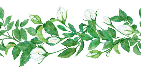 Watercolor hand drawn seamless horizontal border with white wild rose flowers green leaf leaves. Elegant floral arrangement frame for wedding invitation design, textile. Natural nature plant herb
