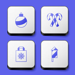 Set Christmas ball, Candy cane with stripes, shopping bag and Firework rocket icon. White square button. Vector