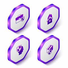 Set Isometric Briefcase with shield, Fire in burning house, Life insurance and Delivery security icon. Purple hexagon button. Vector