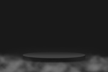 Black podium on a dark background. Empty cylinder stage for product showcase with smoke or fog, platform vector mockup.