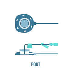Implantable venous access port cross section. Under the skin central line access device for chemotherapy infusion, medication administration and blood drawing. Medical vector illustration.