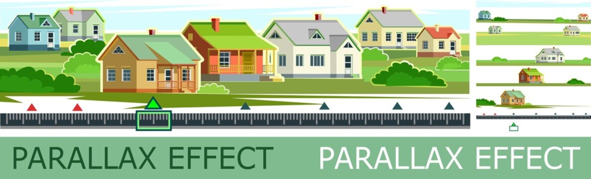Countryside houses scenery with parallax effect. Rent purchase sale of housing houses. Country side village. Rural street homes. Settlement. Suburban Landscape,  Background image. Vector