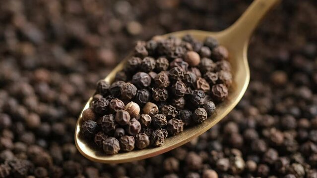 black pepper in golden spoon and peppercorn on background. Flavorful and aromatic black pepper. 4K UHD video