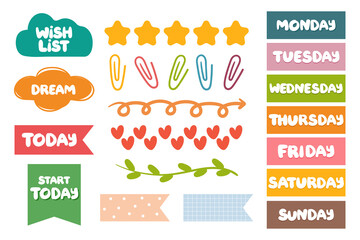 collection of weekly and daily planner sticker, notes, to do list, with lettering and cute icon. template for agenda, check list, stationery.