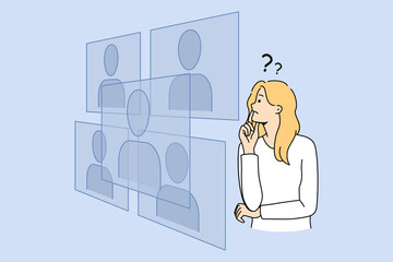 Confused woman look at various avatars in cyberspace think of image change. Pensive female choose decide digital face personality from virtual space. New technology. Vector illustration. 
