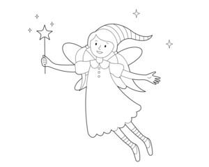 Flower fairy with a magic wand in her hand. Coloring book for children. Illustration highlighted on white background.