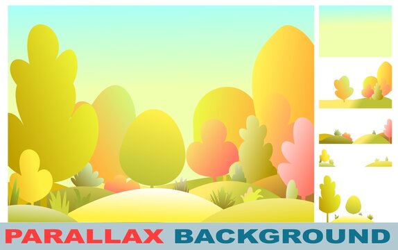 Silhouette autumn landscape. Beautiful scenic plant. Cartoon style. Fog. Hills with grass and trees. Cool romantic pretty. Set for parallax effect. Flat design background illustration. Vector art.