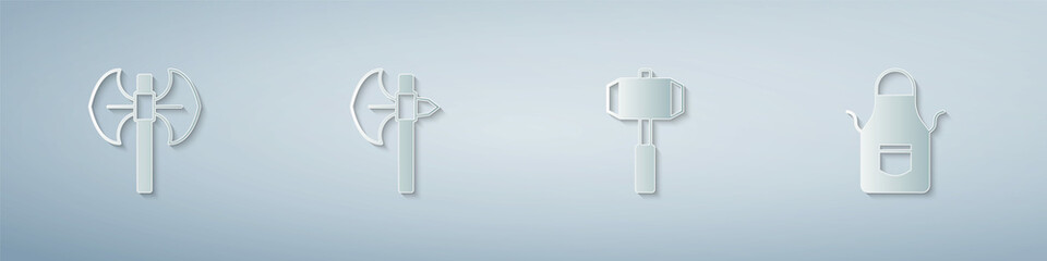 Set Medieval poleaxe, Sledgehammer and Blacksmith apron. Paper art style. Vector