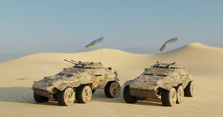 3d rendering. Armored vehicles with Ukrainian flags isolated on the background of sand and sky
