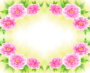 Many peony frames drawn in digital watercolor (yellow background)