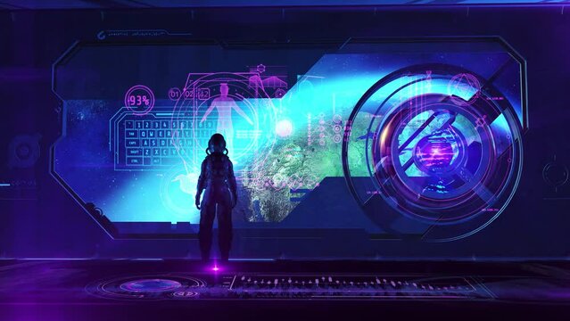 Astronaut of the future on his ship in orbit of the planet, 3D render