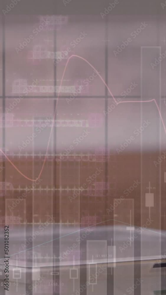 Wall mural animation of dna strand, statistics and data processing over businessman using tablet