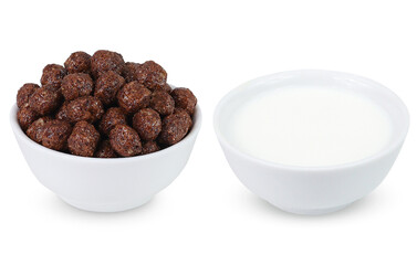 Chocolate corn flakes and milk isolated on white background. Chocolate corn flakes and milk in...