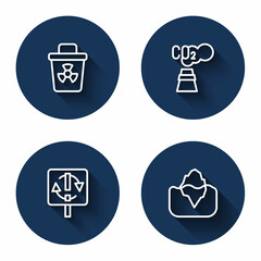 Set line Infectious waste, CO2 emissions in cloud, Recycle symbol and Iceberg with long shadow. Blue circle button. Vector