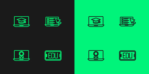 Set line Online education, with diploma, Graduation cap laptop and quiz, test, survey icon. Vector