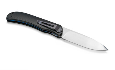 Unfolded folding knife with black handle and blue titanium liner lock, isolated on white background with reflection