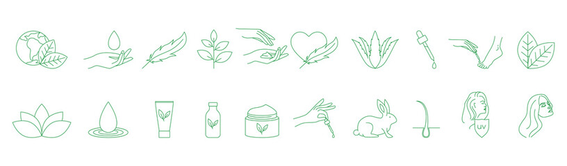 cosmetic cream icon set sensitive skin, essential oil, aloe Vera gel, spa, natural cream, cruelty-free, protection from UV ray, dropper, aromatherapy, foot care, nail care