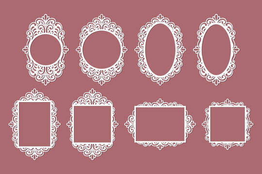 Set of frames laser cut; photo, picture, mirrow frame templates, decor elements isolated, vector.