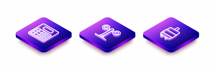 Set Isometric line Train station board, traffic light and Suitcase icon. Vector